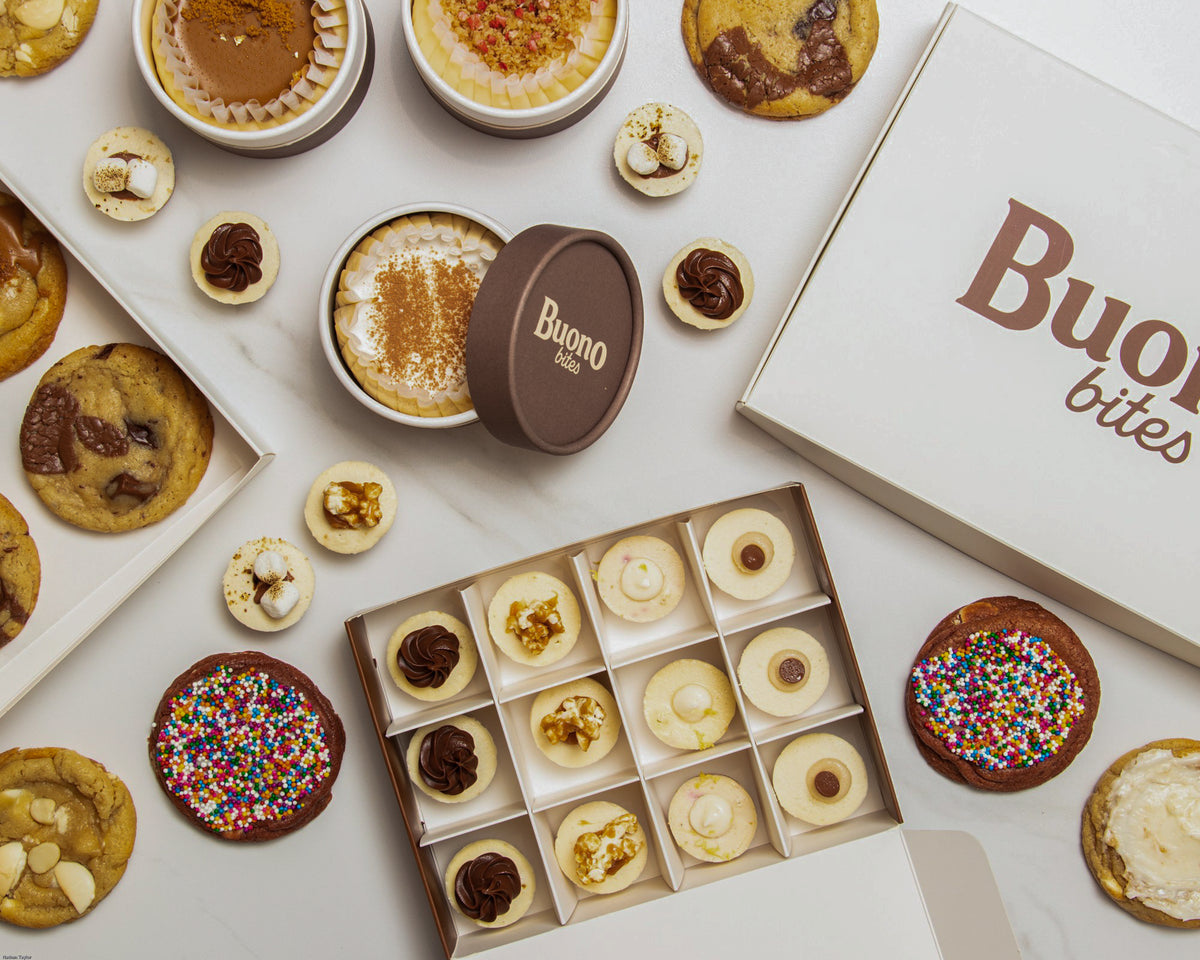A spread of Buono Bites bite-size cheesecakes and cookies